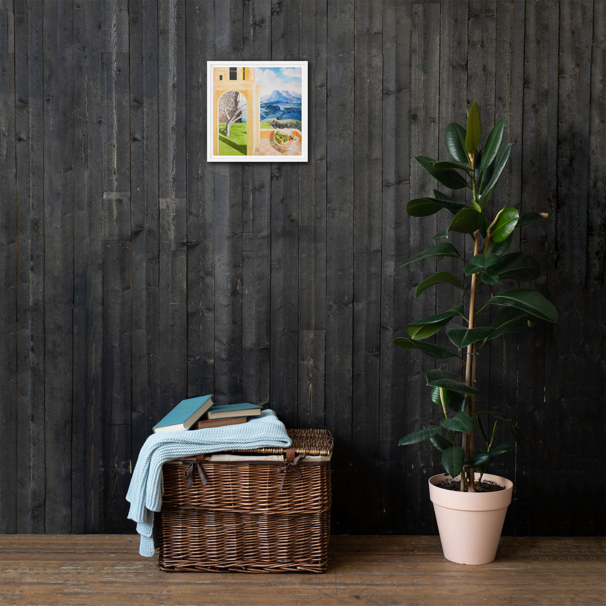 The Patio — Framed canvas — 12 × 12 in — White frame — shown on wall