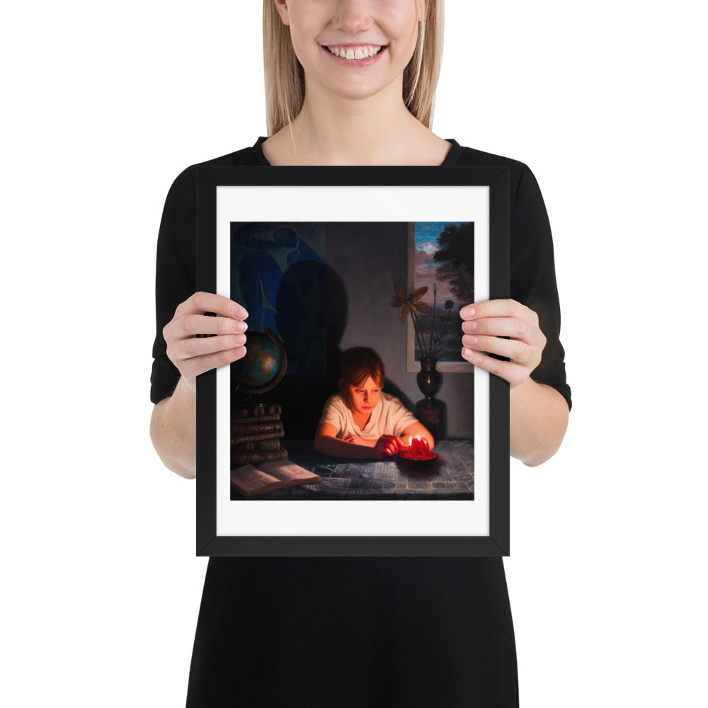 Playing with Candle — Framed print — 11 × 14 in — Black frame — held for scale