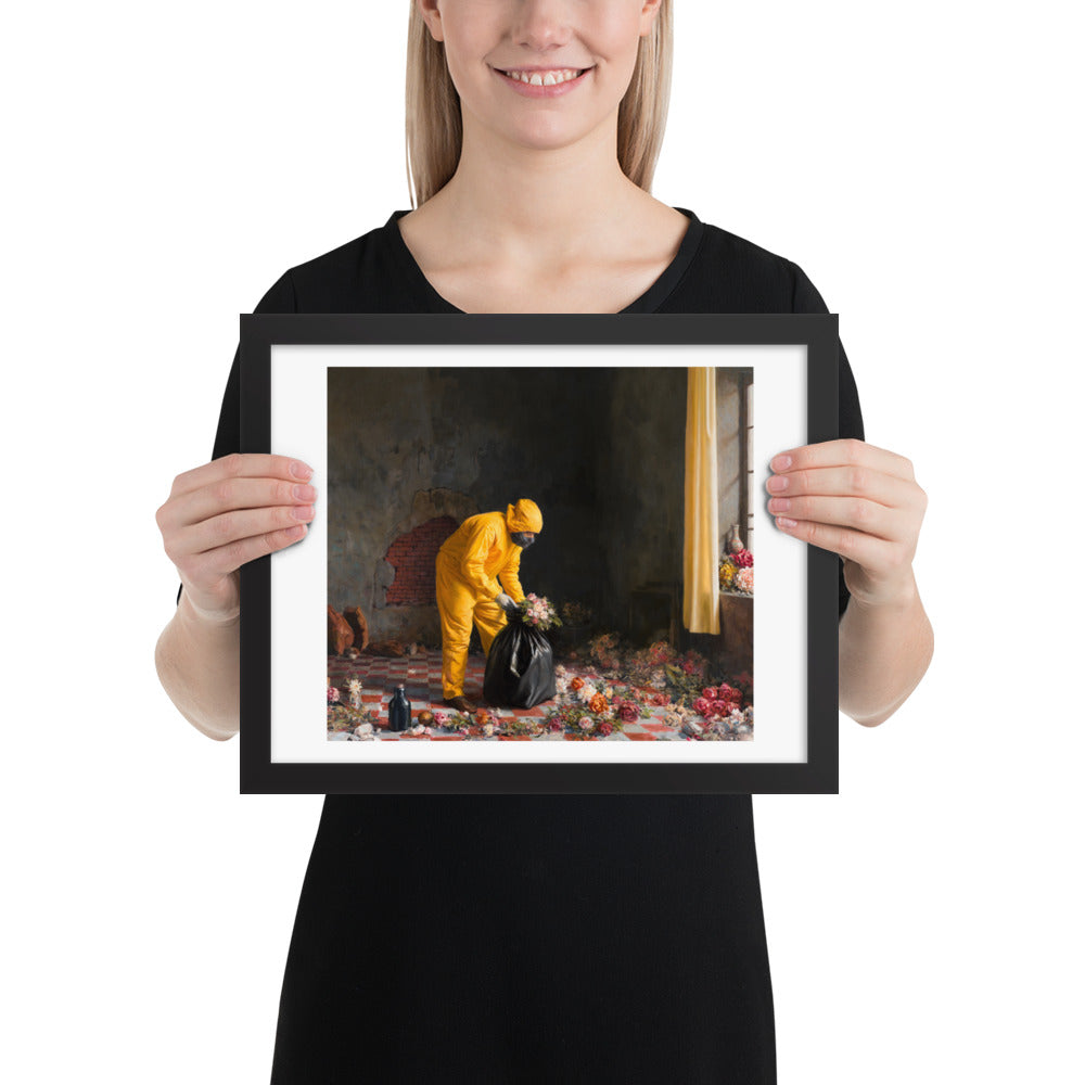 Trouble with Flowers — Framed print — 14 × 11 in — Black frame — held for scale