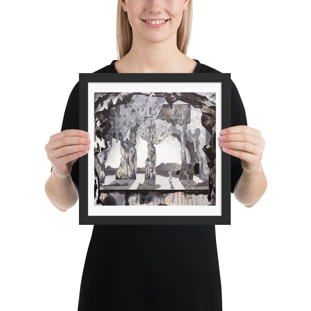The Cave — Framed print — 12 × 12 in — Black frame — held for scale
