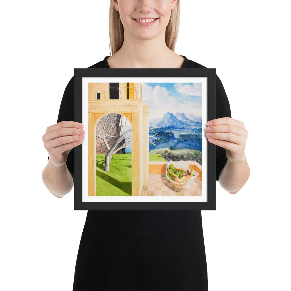 The Patio — Framed print — 12 × 12 in — Black frame — held for scale