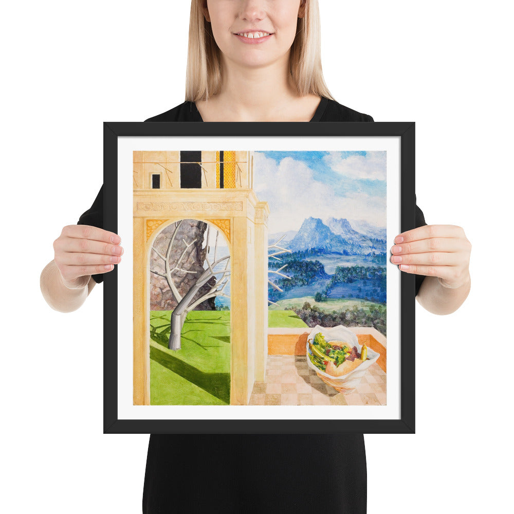 The Patio — Framed print — 16 × 16 in — Black frame — held for scale