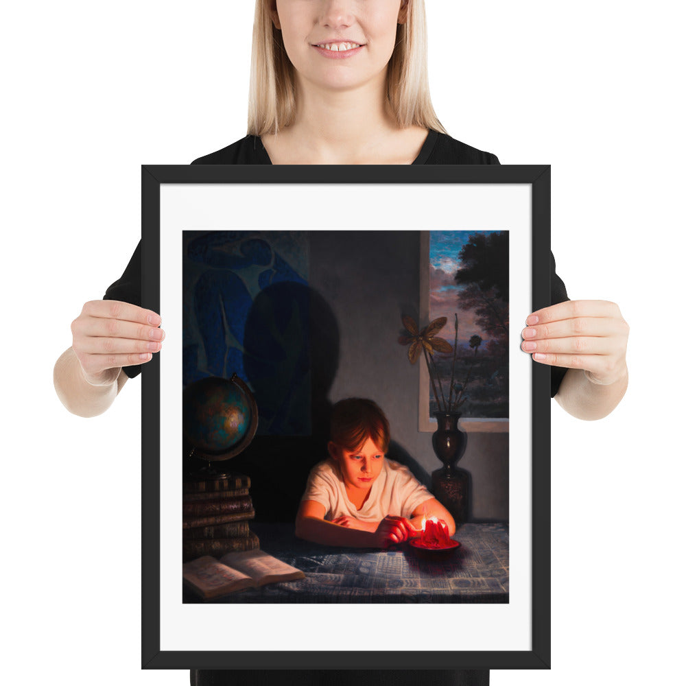 Playing with Candle — Framed print — 16 × 20 in — Black frame — held for scale