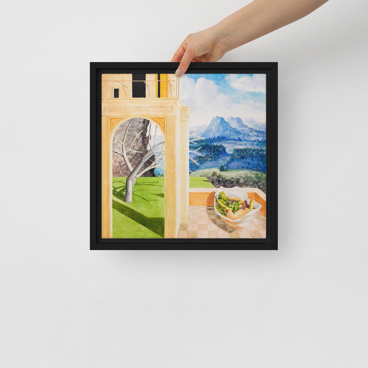The Patio — Framed canvas — 12 × 12 in — Black frame — held for scale