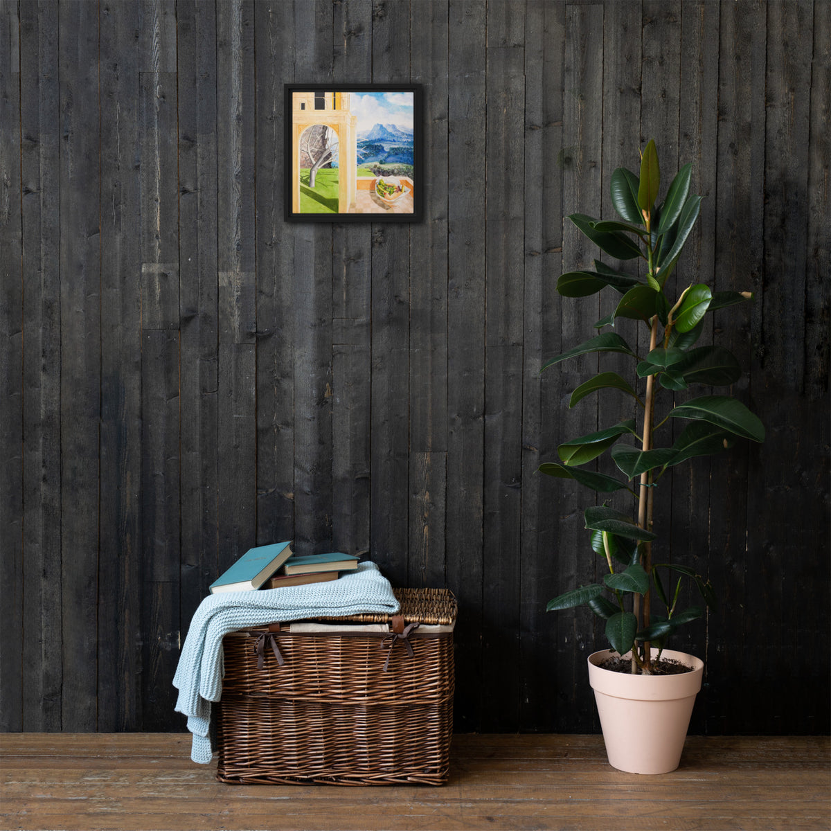 The Patio — Framed canvas — 12 × 12 in — Black frame — shown on wall