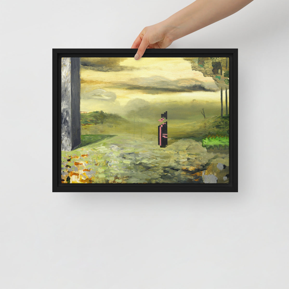 Elegy — Framed canvas — 16 × 12 in — Black frame — held for scale