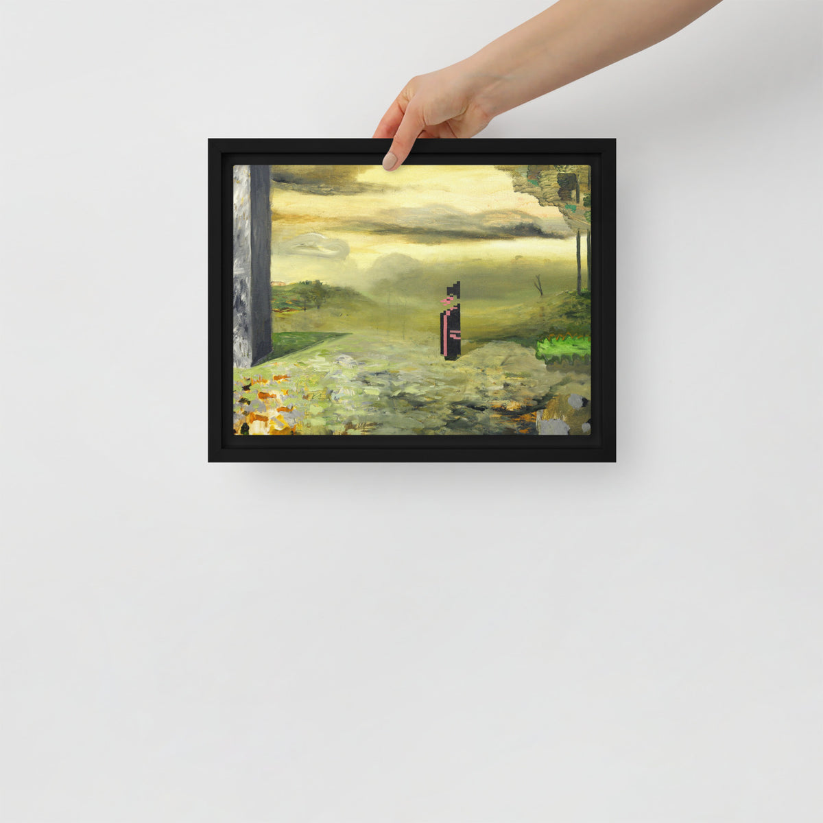 Elegy — Framed canvas — 12 × 9 in — Black frame — held for scale