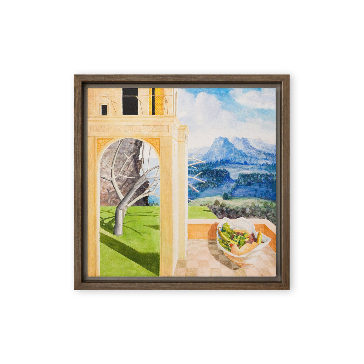 The Patio — Framed canvas — 12 × 12 in — Brown frame — front