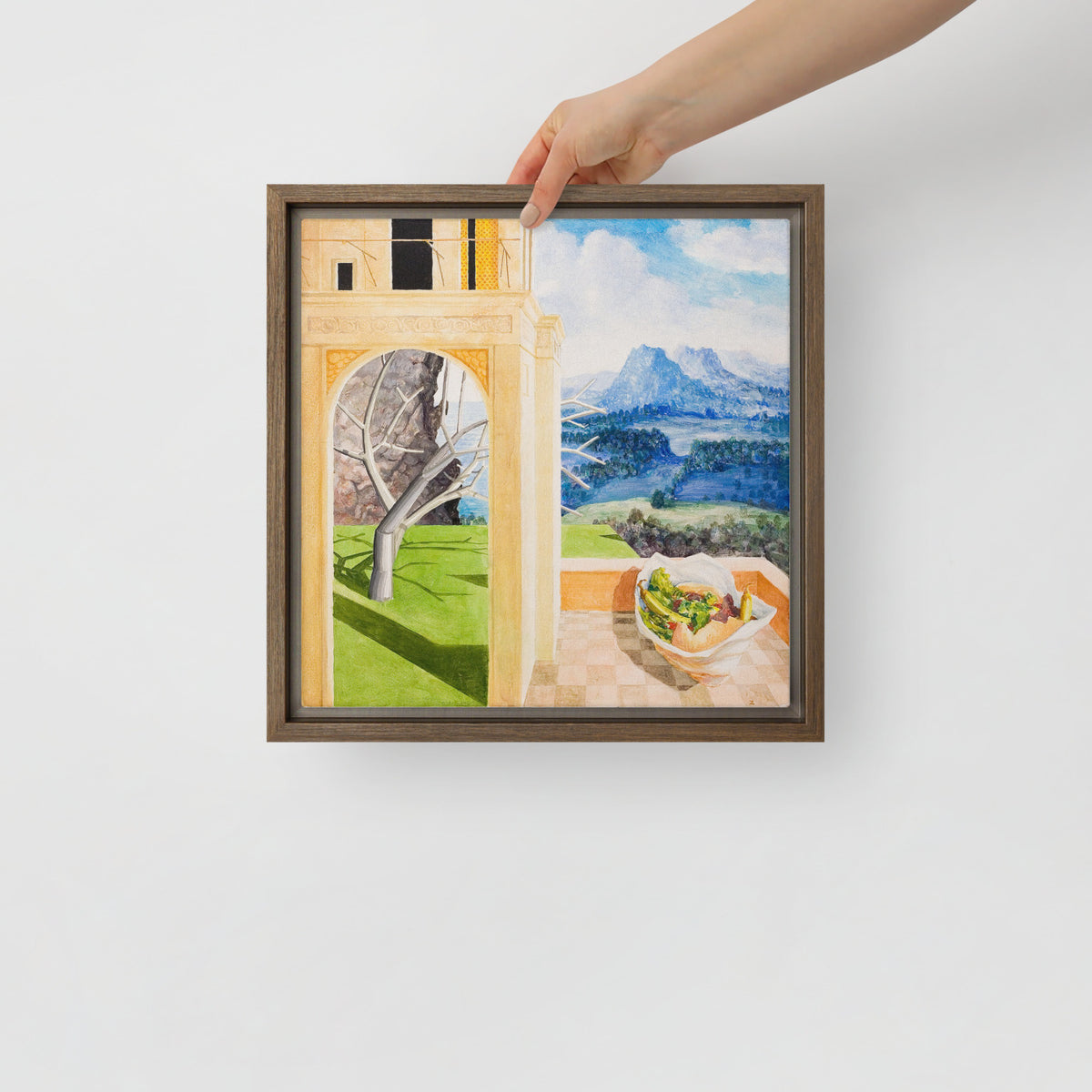 The Patio — Framed canvas — 12 × 12 in — Brown frame — held for scale