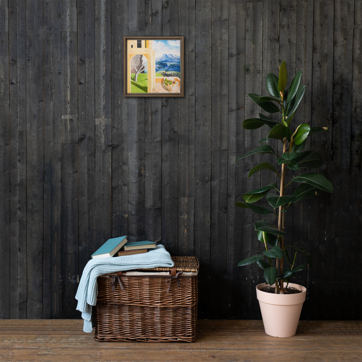 The Patio — Framed canvas — 12 × 12 in — Brown frame — shown on wall
