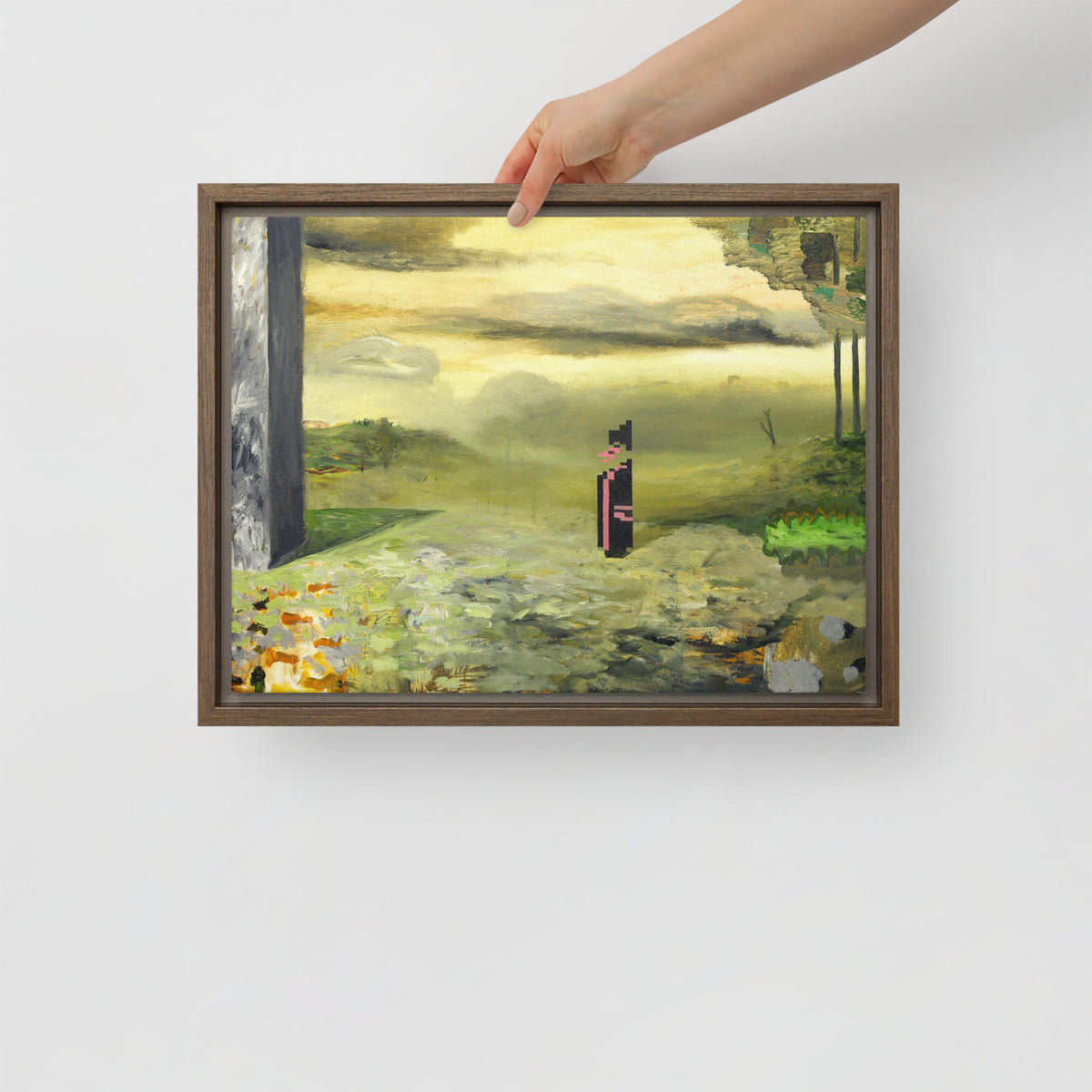 Elegy — Framed canvas — 16 × 12 in — Brown frame — held for scale