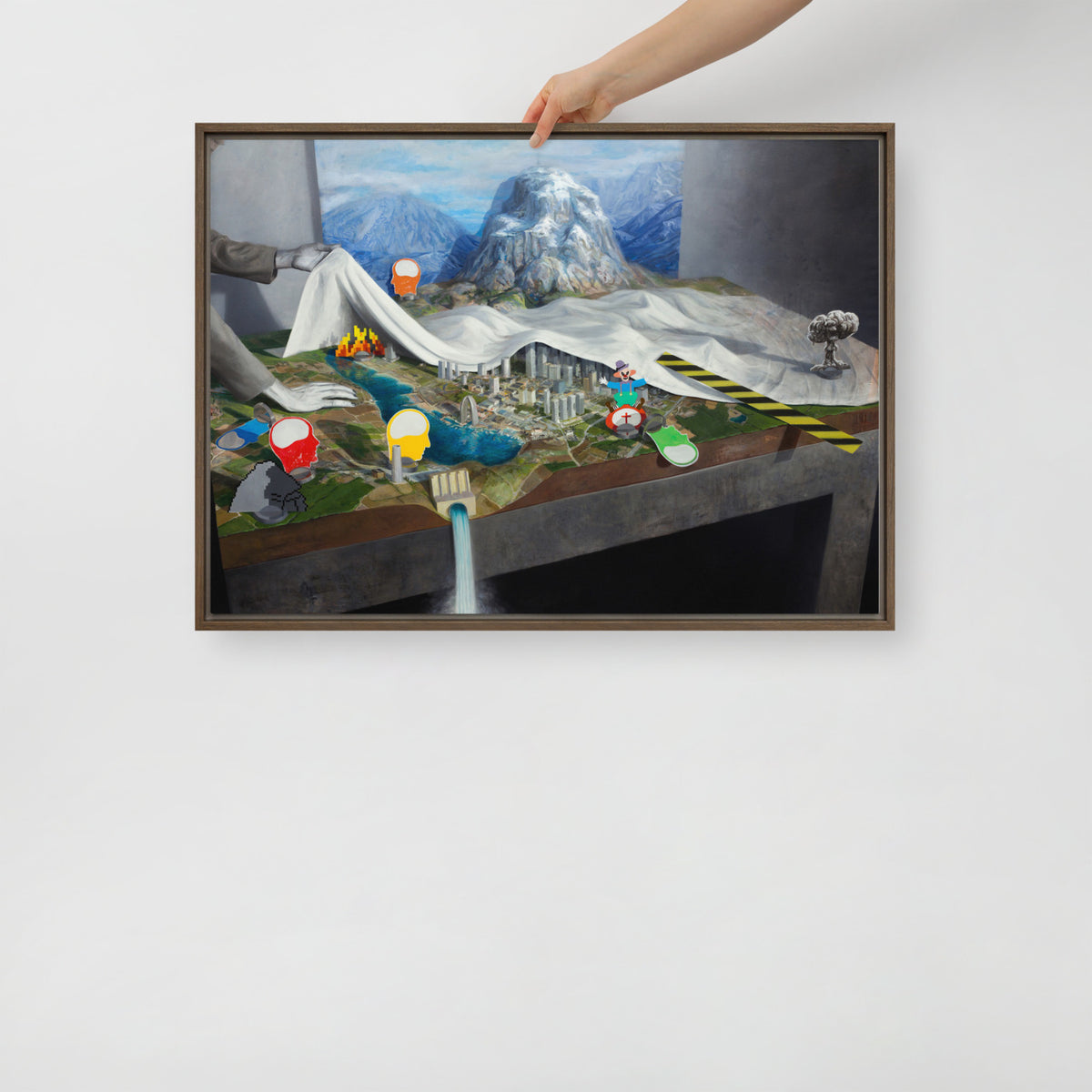 Pwned Landscape — Framed canvas — 28 × 20 in — Brown frame — held for scale