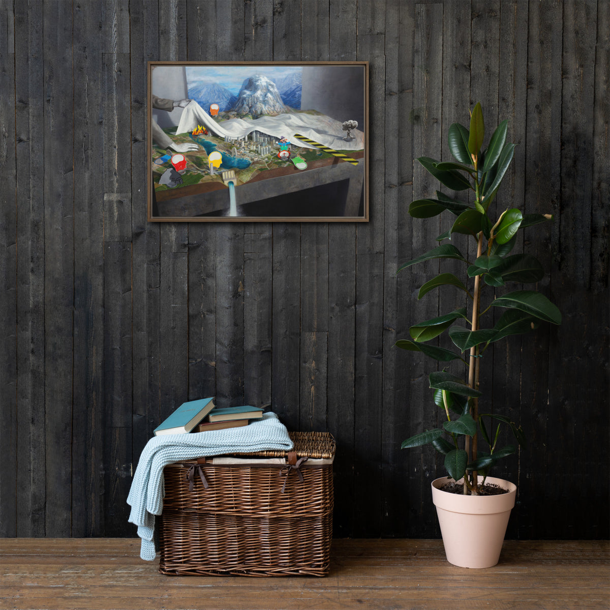 Pwned Landscape — Framed canvas — 28 × 20 in — Brown frame — shown on wall