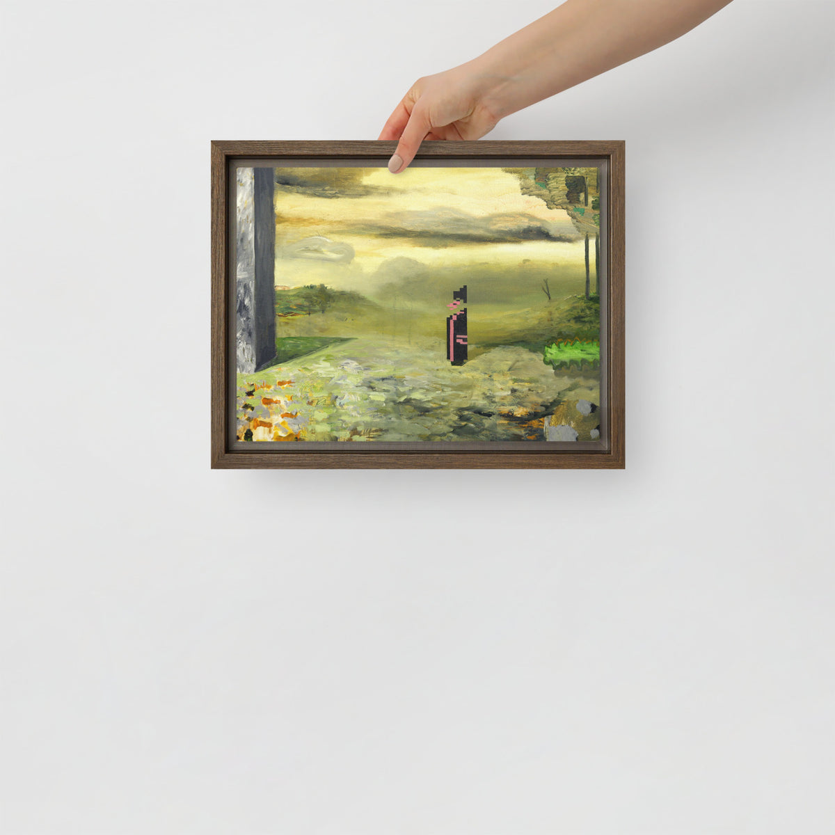 Elegy — Framed canvas — 12 × 9 in — Brown frame — held for scale
