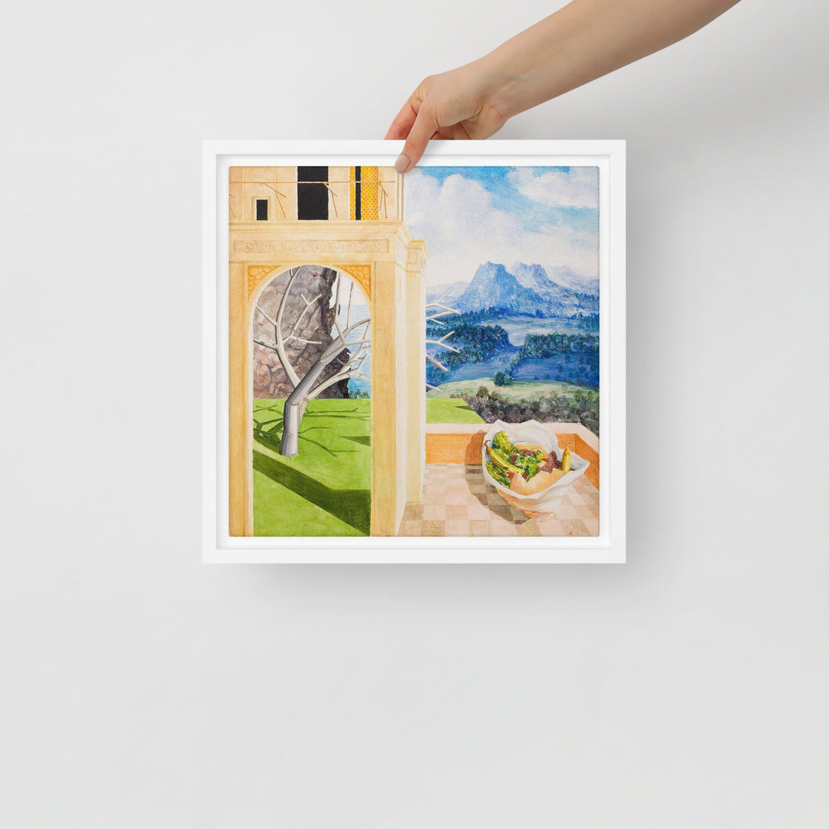 The Patio — Framed canvas — 12 × 12 in — White frame — held for scale