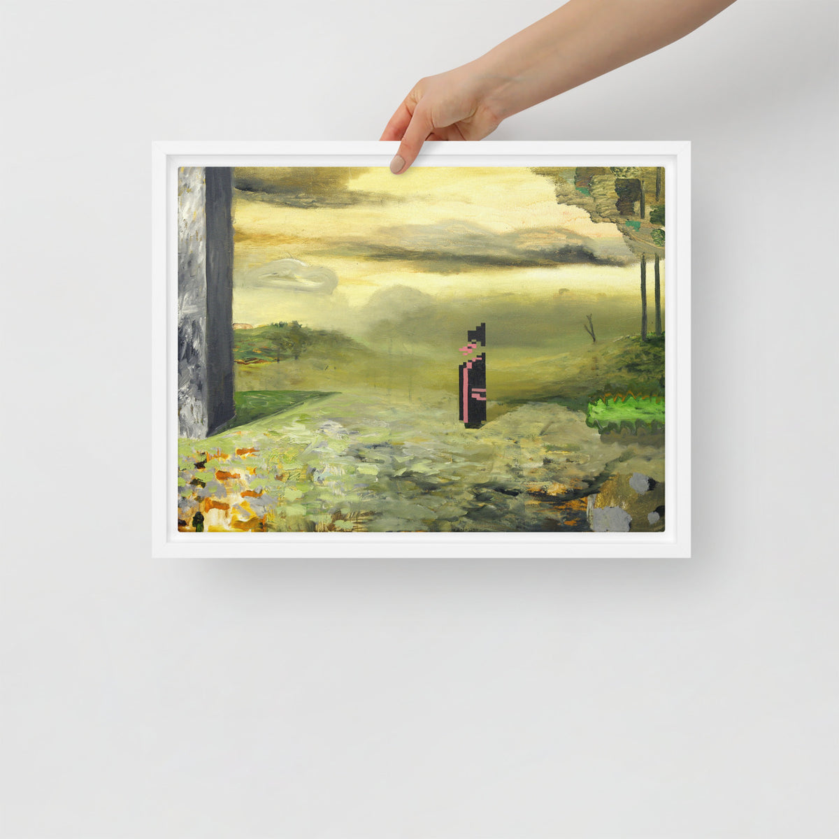 Elegy — Framed canvas — 16 × 12 in — White frame — held for scale