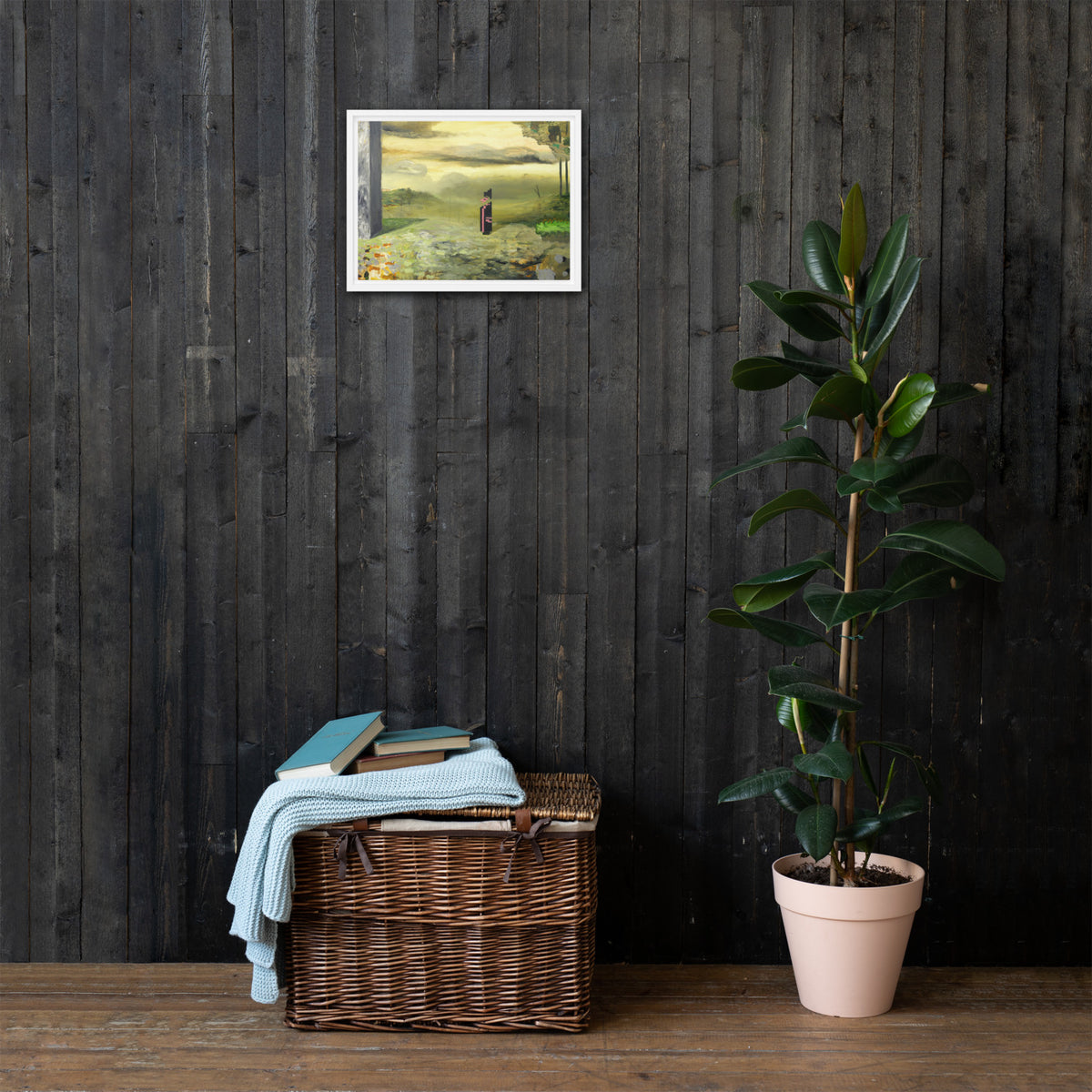 Elegy — Framed canvas — 16 × 12 in — White frame — shown on wall