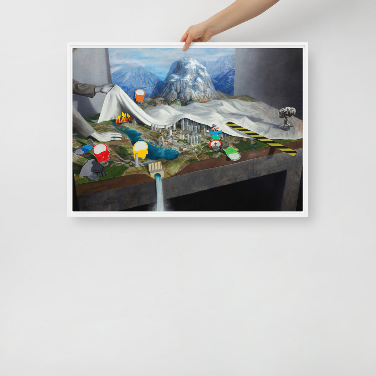 Pwned Landscape — Framed canvas — 28 × 20 in — White frame — held for scale