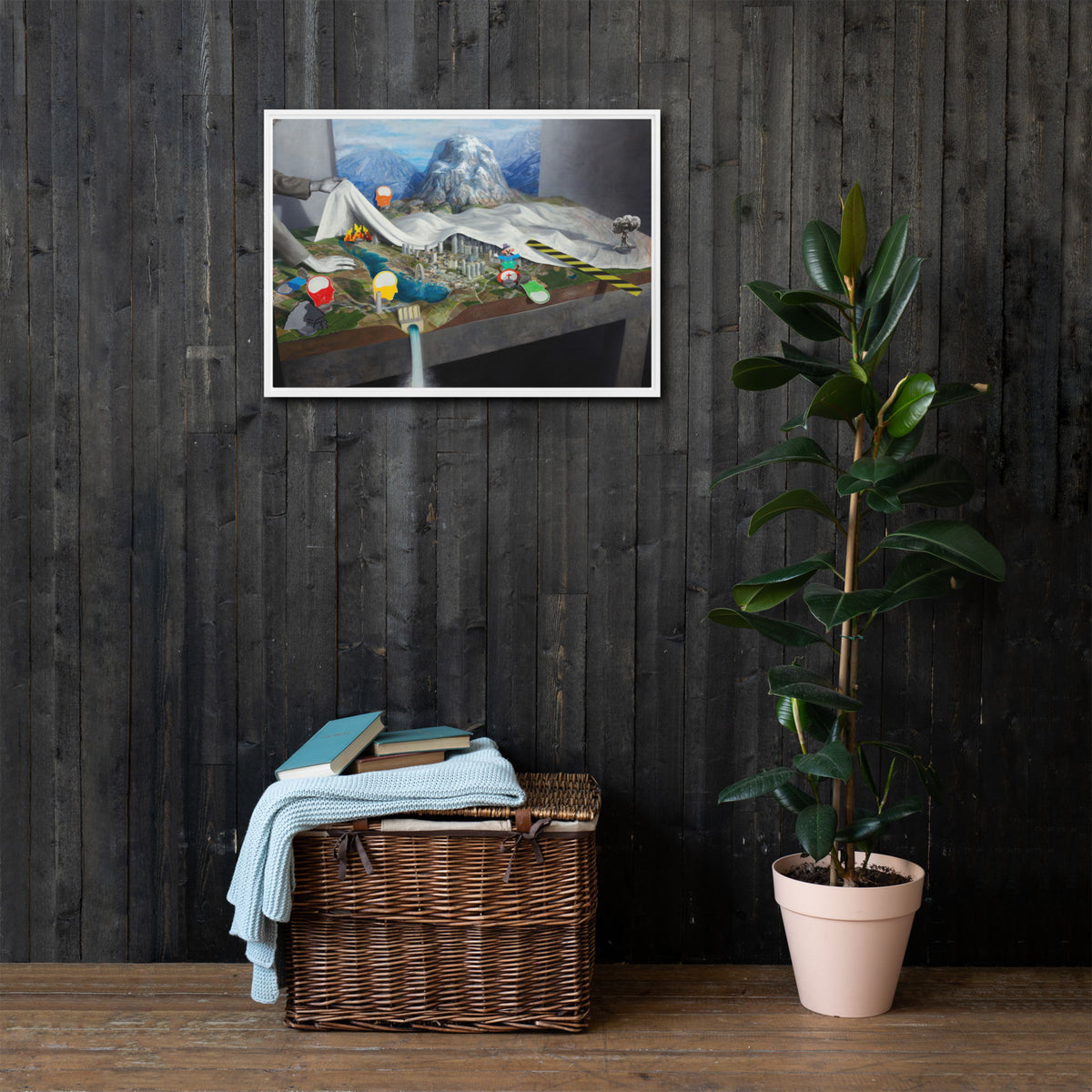 Pwned Landscape — Framed canvas — 28 × 20 in — White frame — shown on wall