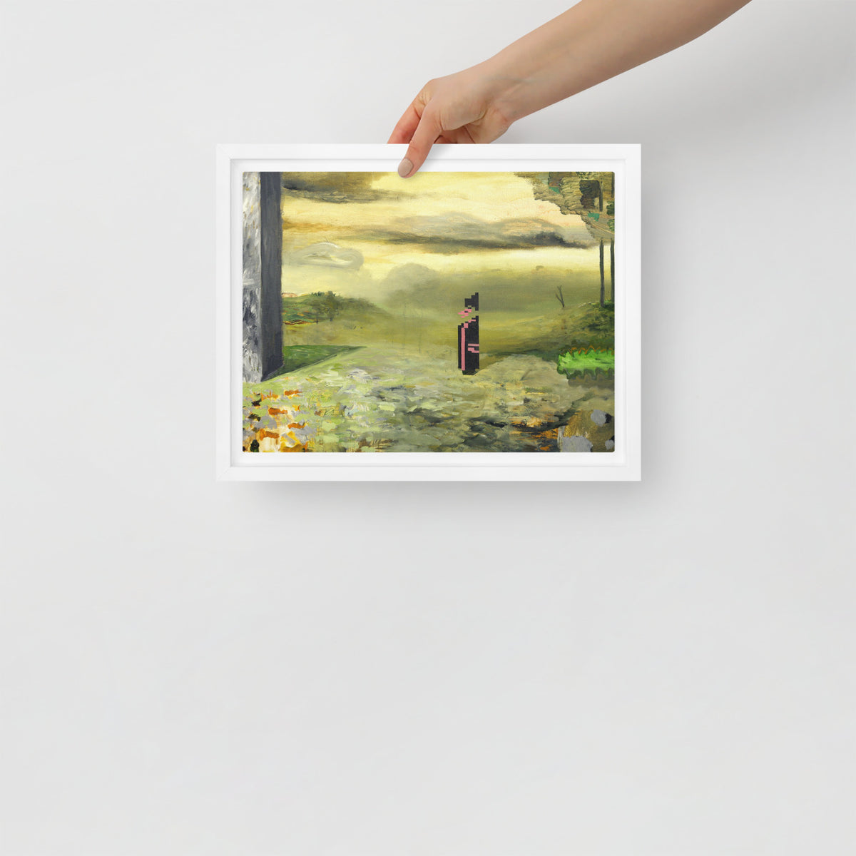 Elegy — Framed canvas — 12 × 9 in — White frame — held for scale