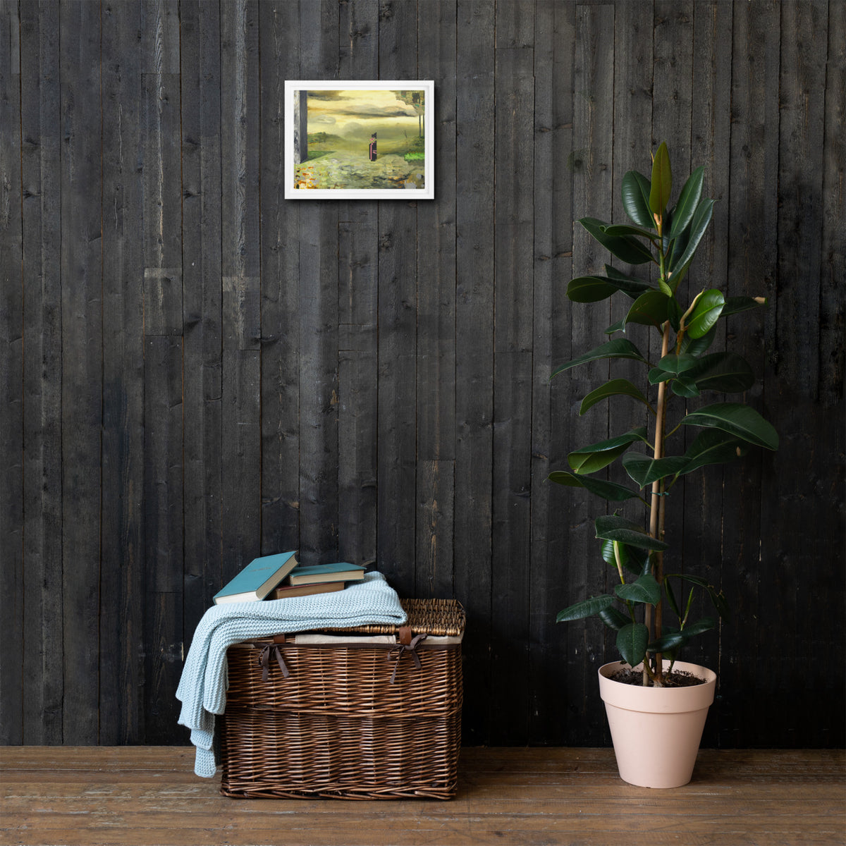 Elegy — Framed canvas — 12 × 9 in — White frame — shown on wall
